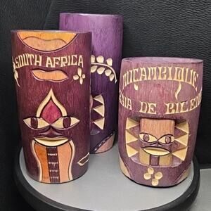 South African Carved Wooden Tribal Face Cups – 6" 5" 4" Folk Art Set of 3